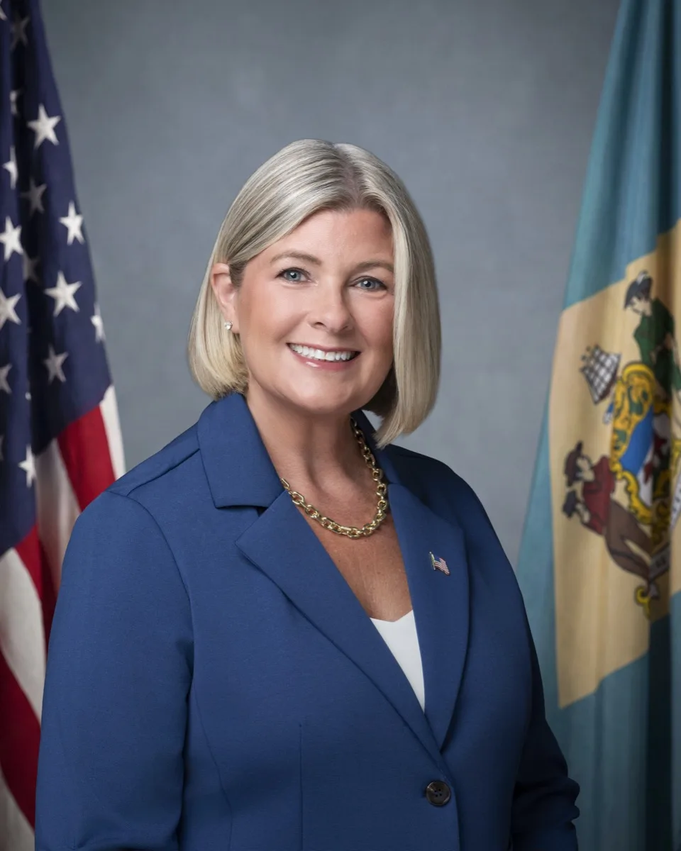 April Callaway, candidate for Delaware State Auditor, standing between the American and Delaware state flags.